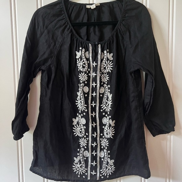 Charter Club Tops - Black Linen Charter Club Black and White Embellished Blouse 3/4 Sleeve Size M